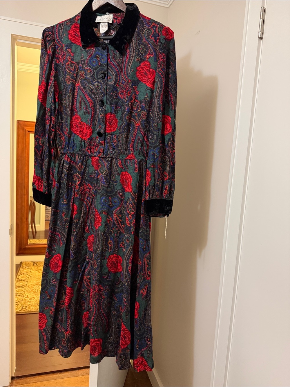 VTG 80’s DIVIDENDS Dress Floral Long Sleeves Black Velvet Collar Cuffs Size: 13